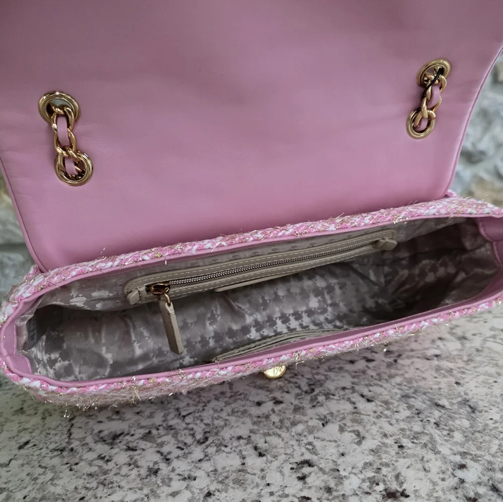 Karl Lagerfeld Paris Large Tweed Pink Shoulder Bag - Picture 5 of 9